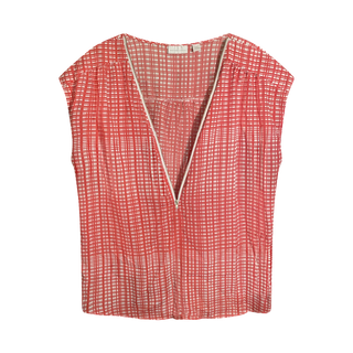 Red and White Checkered Plunge Neck Blouse