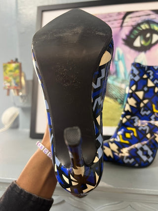 Blue Geometric Print Patent Stiletto Ankle Boots, Size 40 / US 9