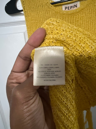 Pepin Mustard Yellow Fringe Hem Knit Poncho Top - Size M