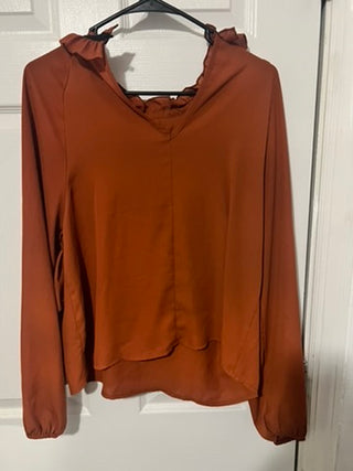Blashe Burnt Orange Ruffle Blouse Women's Medium Feminine Tie Neck Top