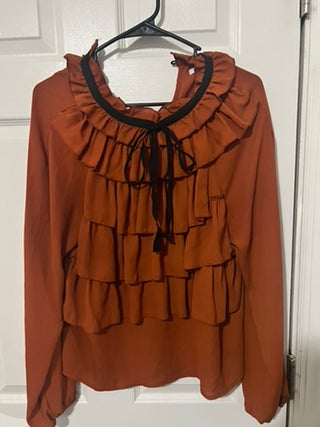 Blashe Burnt Orange Ruffle Blouse Women's Medium Feminine Tie Neck Top