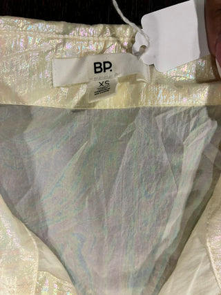BP. Iridescent Holographic Button-Down Shirt — Ivory/Pearl, Size XS