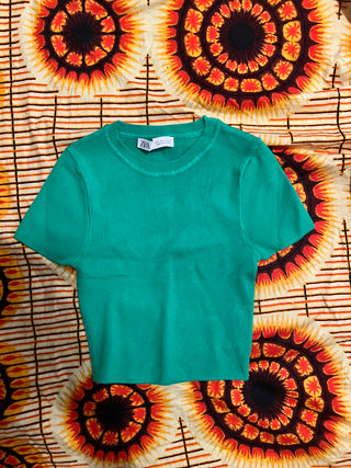 ZARA Knit Crop Top Women’s Small Green Short Sleeve Ribbed Stretch