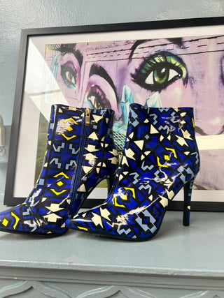 Blue Geometric Print Patent Stiletto Ankle Boots, Size 40 / US 9