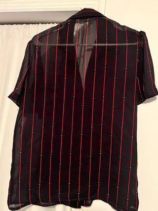 Jamboree Sheer Black Button-Up w/ Red-White Vertical Dotted Stripe Pattern
