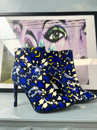 Blue Geometric Print Patent Stiletto Ankle Boots, Size 40 / US 9