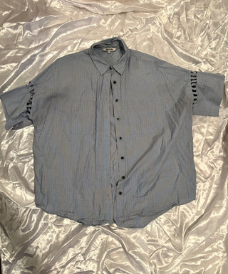 Madewell Blue Pinstripe Short Sleeve Shirt with Ruched Sleeve Detail