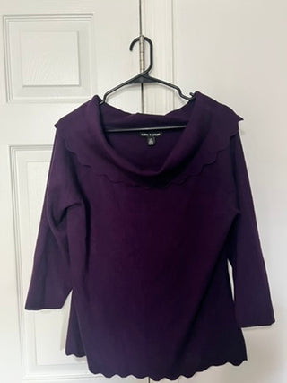 Cable & Gauge Purple Cowl Neck Scallop Hem Sweater Top, Size L