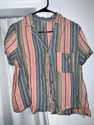 Vintage-Style Multicolor Stripe Linen Blend Button-Up (L)