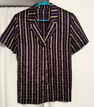 Purple and Gold Striped Short Sleeve Button-Up Shirt
