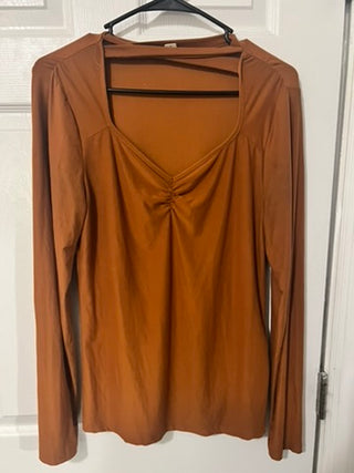 eyecandy Rust Draped Neck Long Sleeve Top – Soft Stretch (Size L)