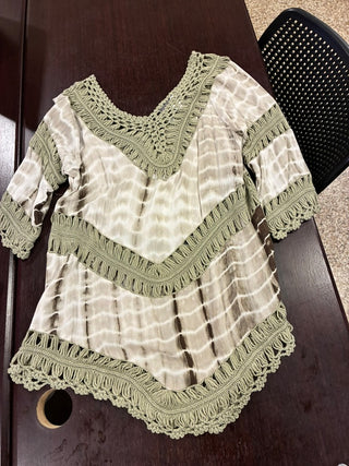 Boho Crochet Fringe Tie-Dye Top — Sage Green, Size L