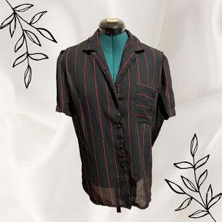 Jamboree Sheer Black Button-Up w/ Red-White Vertical Dotted Stripe Pattern