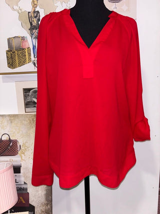 Express Red V-Neck Popover Blouse | Smocked Back | Roll-Tab Sleeves | Size M