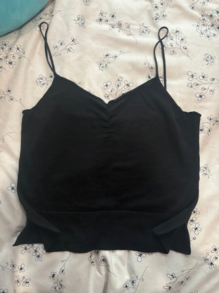 Esprit Size Large Black Ruched Cami Top Fitted Cropped Tank Minimalist Basic