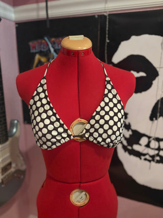 Black & White Polka Dot Bikini Top Small Halter Retro Pin Up Swim